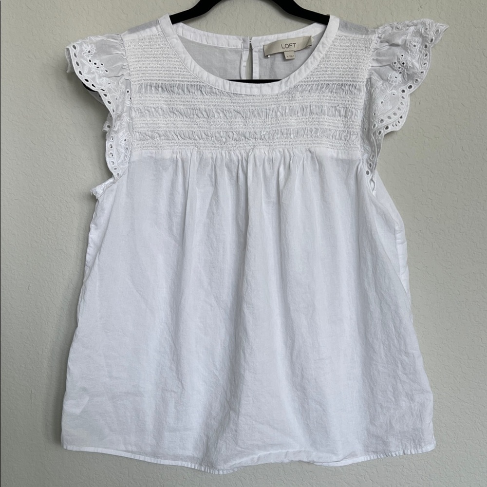 Loft White Eyelet Flitter Sleeve Rouched Top